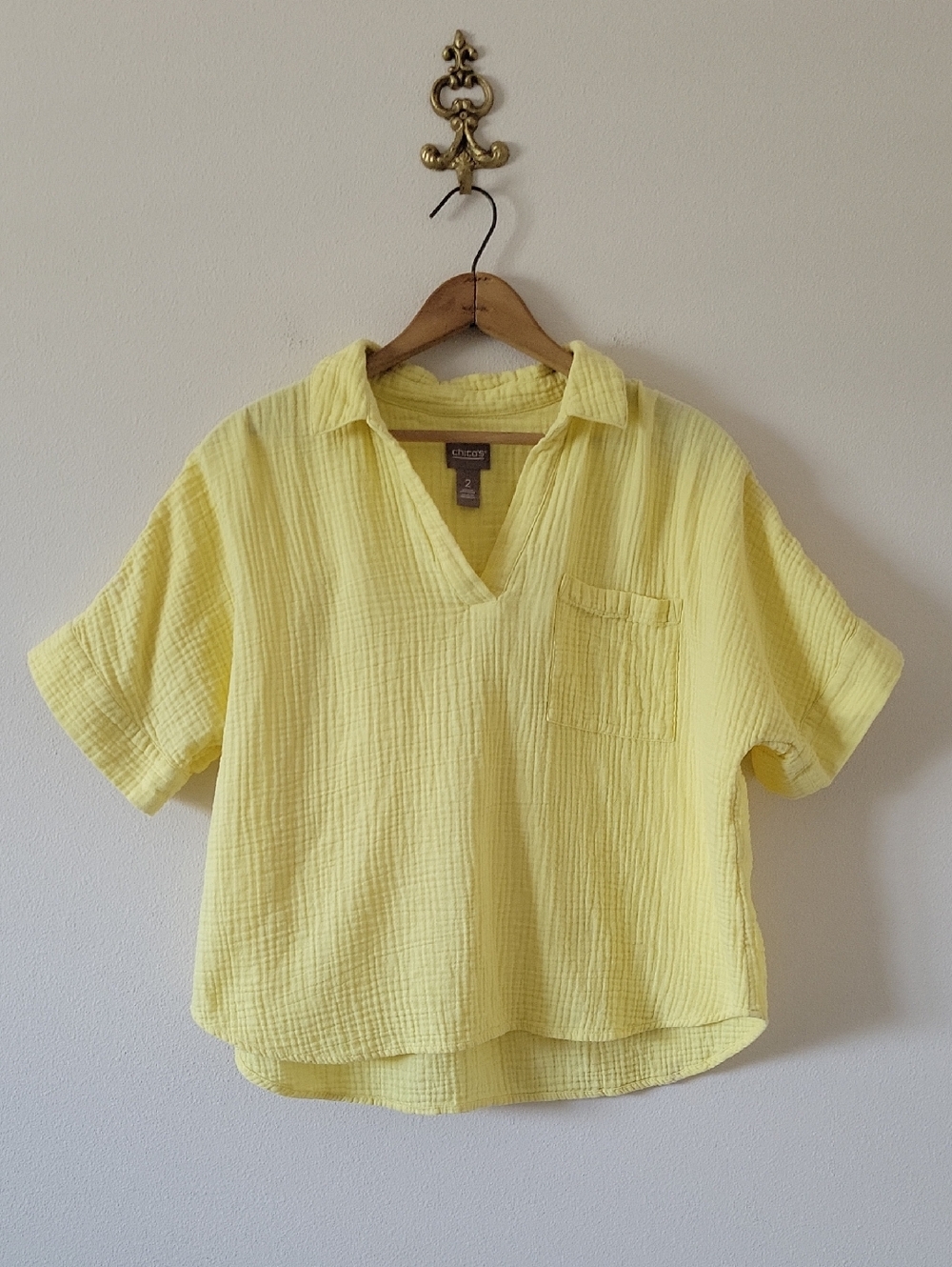 Chico's Yellow Gauze Collared Camp Popover Shirt Size Large